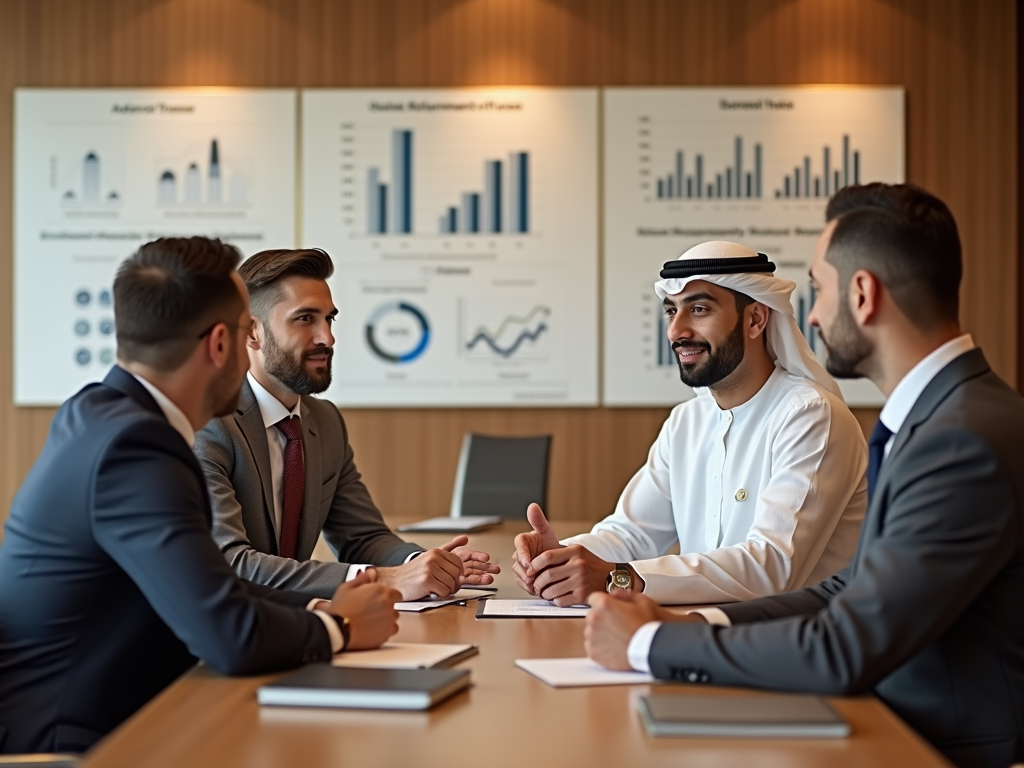 Four businessmen discussing with graphs and charts in the background in a boardroom.