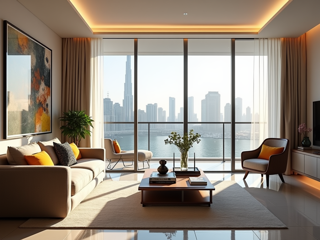 Modern living room with large windows overlooking a city skyline and river, stylish furniture, and art on walls.