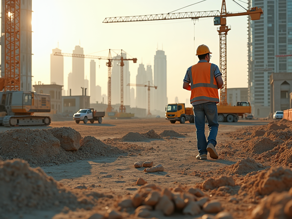 Construction worker walking on site with cranes and urban skyline at sunset.