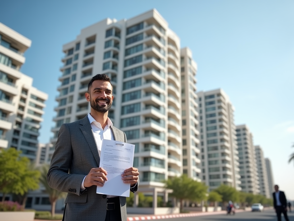 Smiling man in suit holding a document, standing before modern high-rise buildings.