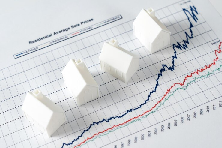 Graph of residential average sale prices with miniature house models placed on it.