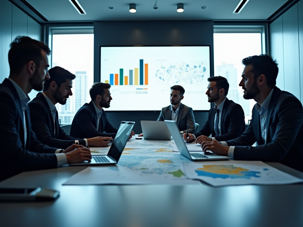 Group of businessmen in a meeting discussing over laptops with graphs displayed on screen.