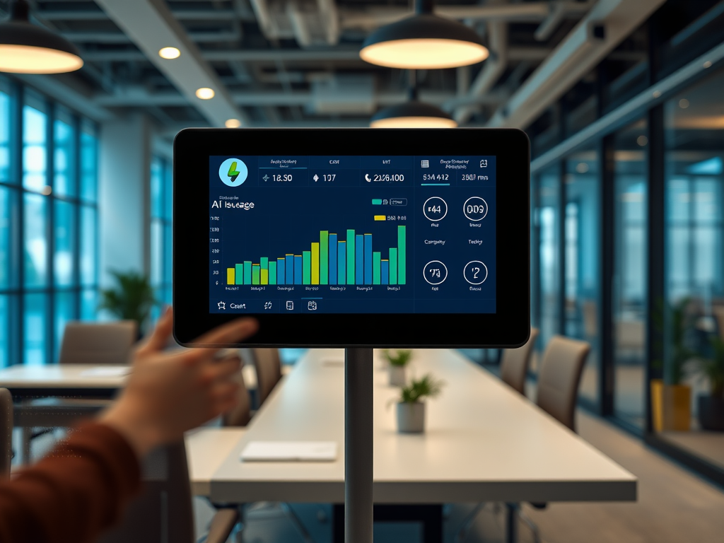 A tablet displaying data analytics with graphs and metrics in a modern office setting.