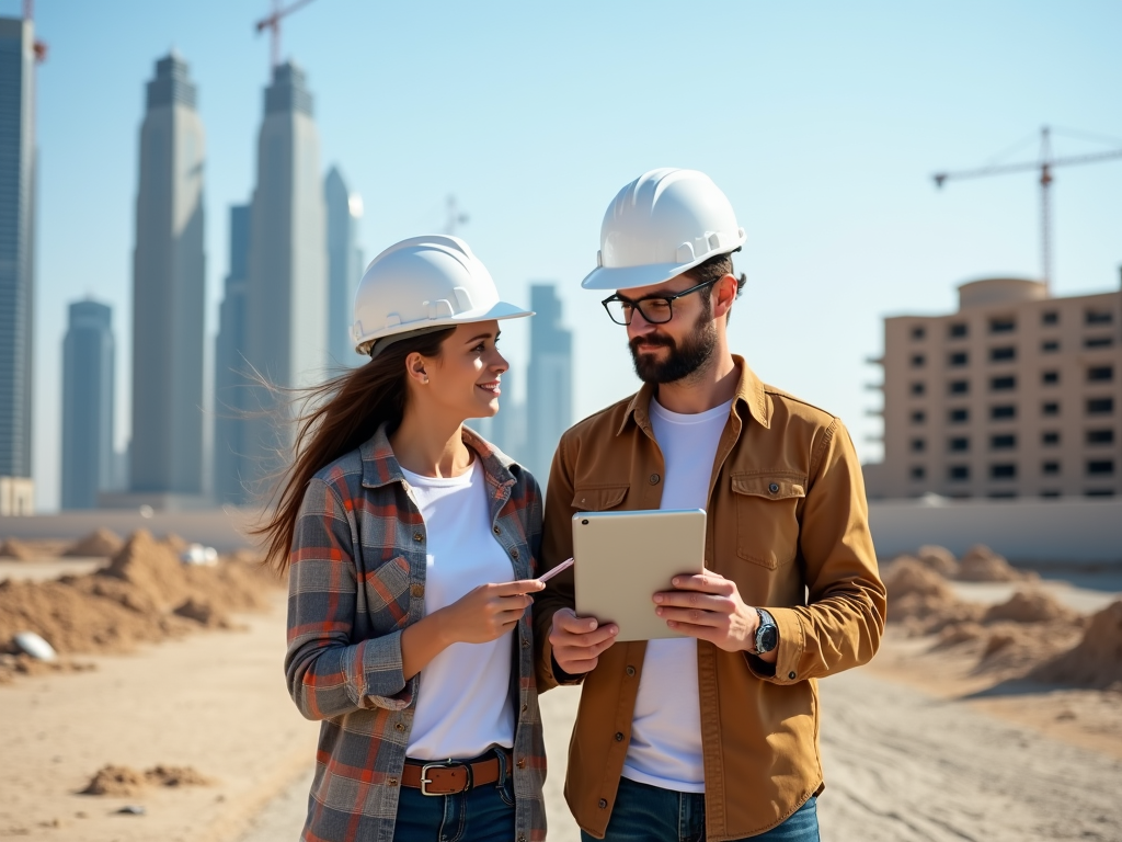 Two engineers, a man and a woman, discussing with a tablet at a construction site with skyscrapers in the background.