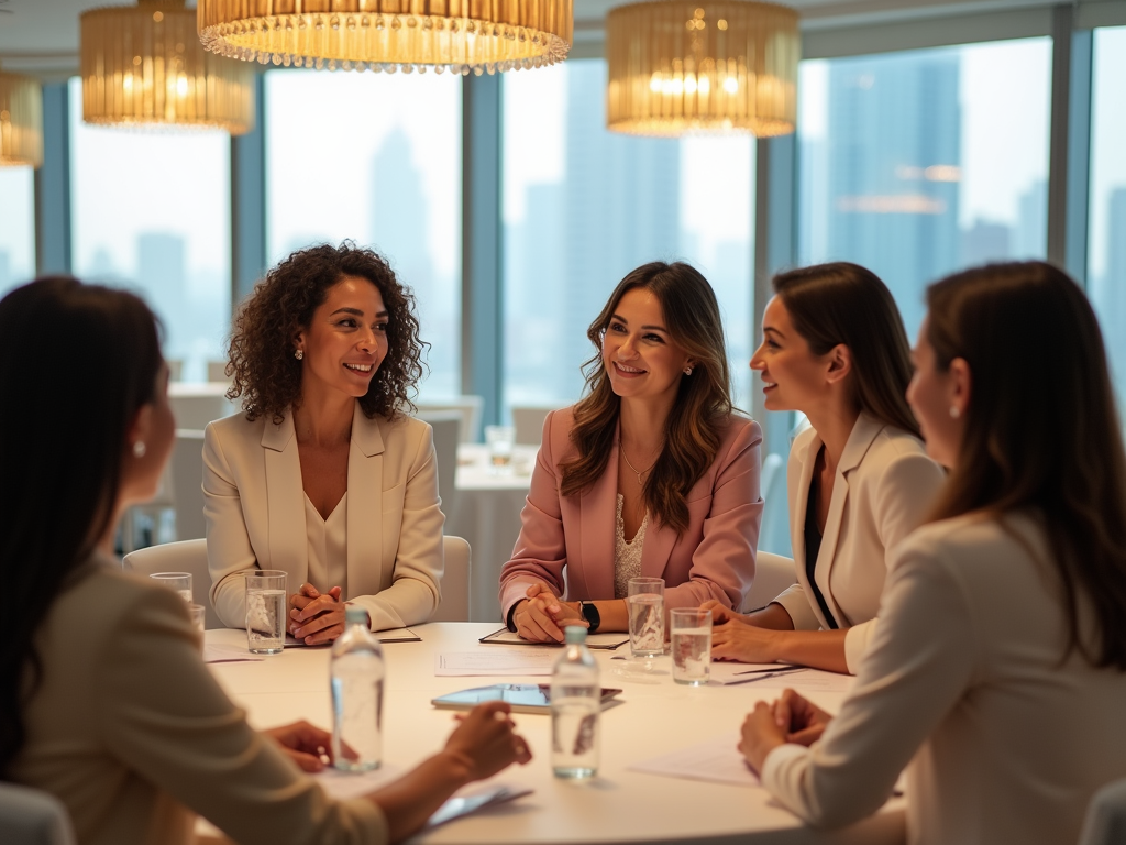 Five women in business attire engaged in a meeting at a conference table, with city skyline in background.