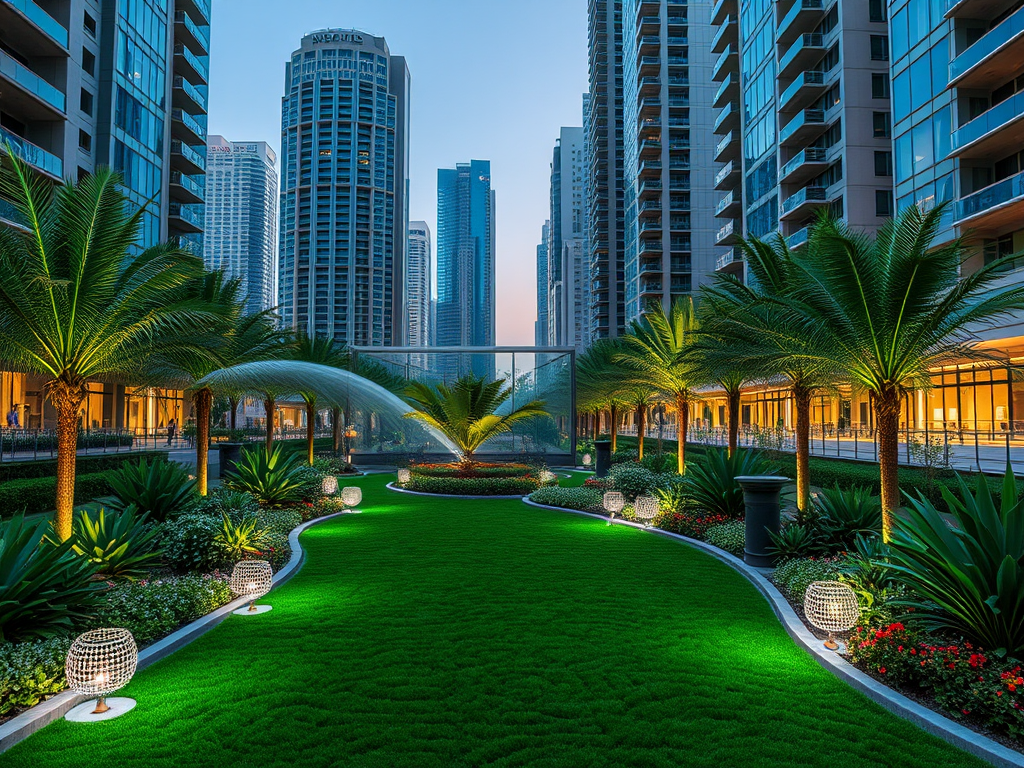 A lush green garden surrounded by tall buildings, with palm trees and decorative lights, under a twilight sky.