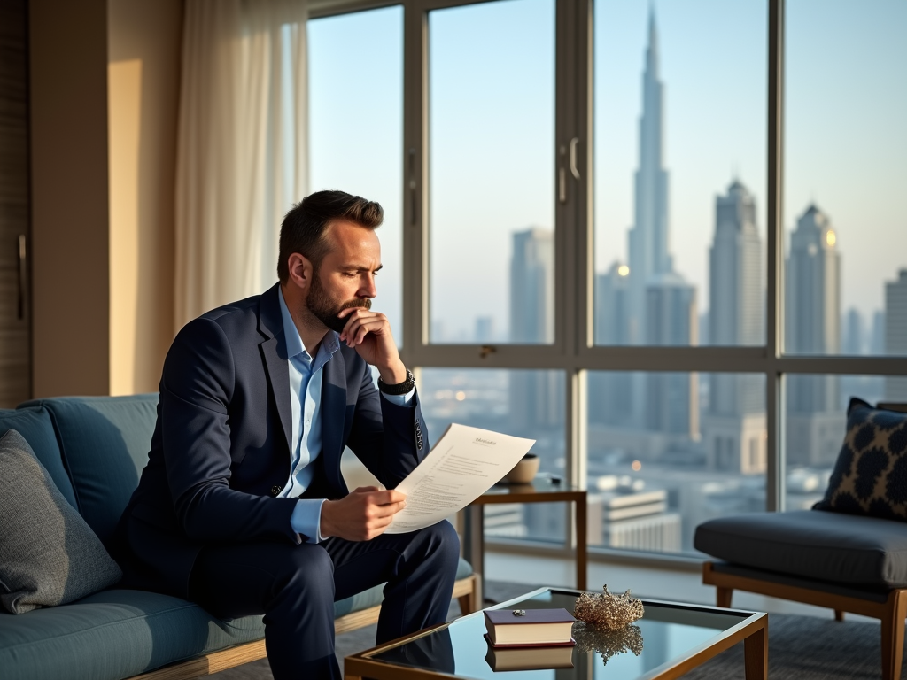 Man in suit reviews documents, thinking deeply in apartment with cityscape view through window.