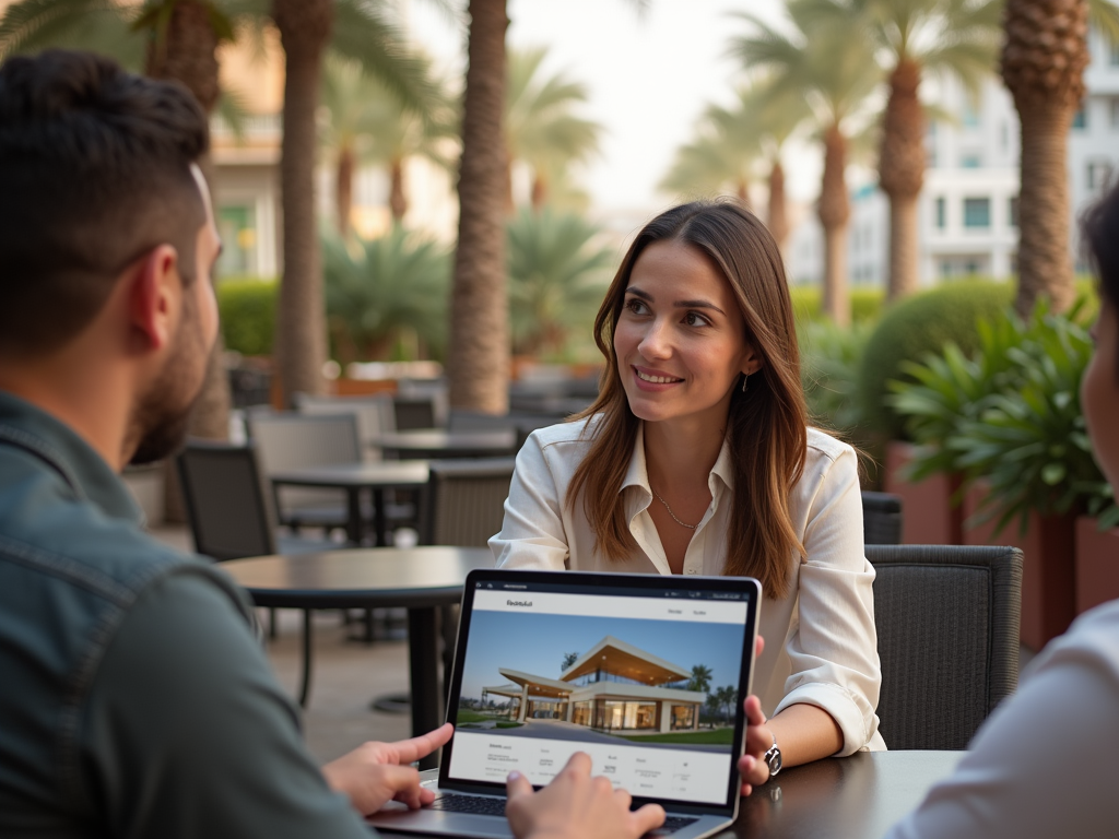 Woman shows real estate listing on tablet to two men at an outdoor table.