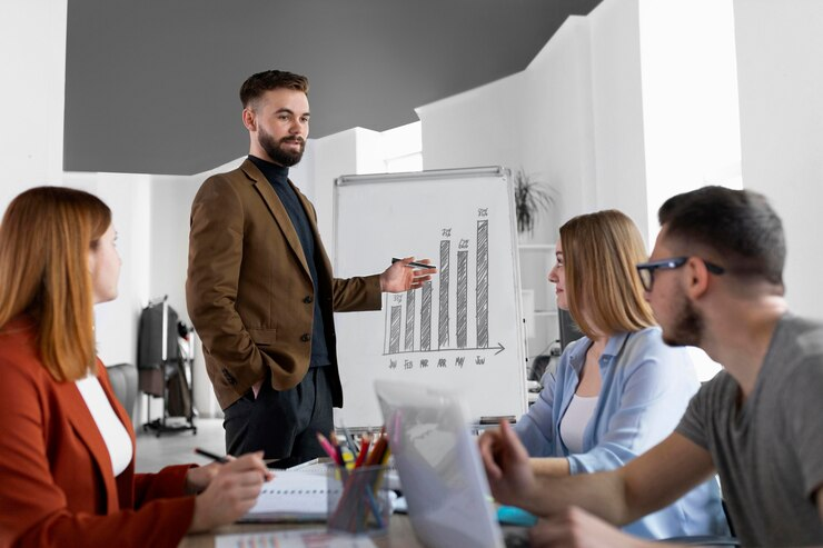 A man in a brown blazer is giving a presentation to three colleagues using a flipchart with a bar graph.