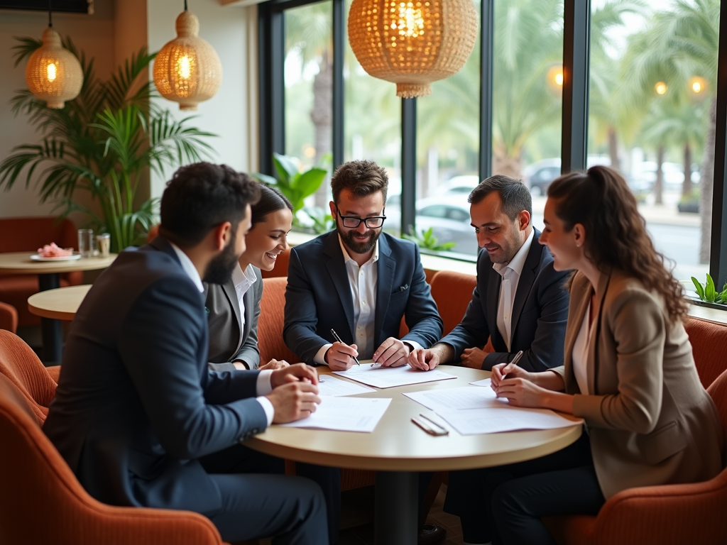 Group of five business professionals collaboratively working around a table in a modern, well-lit cafe.