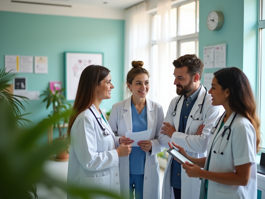 Four healthcare professionals discussing in a hospital corridor.