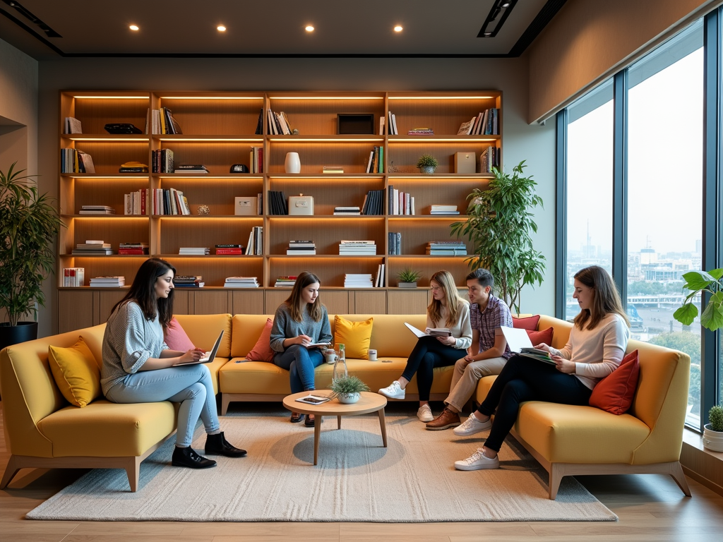 Five people reading and working in a stylish library with large windows and bookshelves.