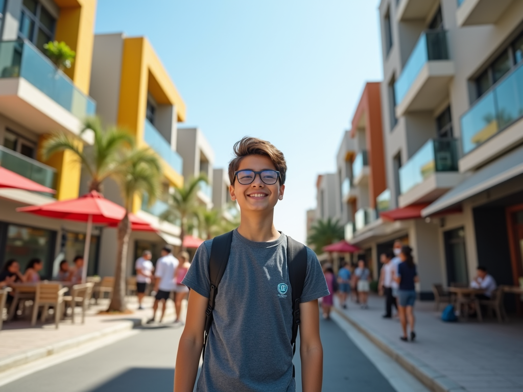 Smiling teenage boy with glasses, walking in a lively urban area with colorful buildings and outdoor cafes.