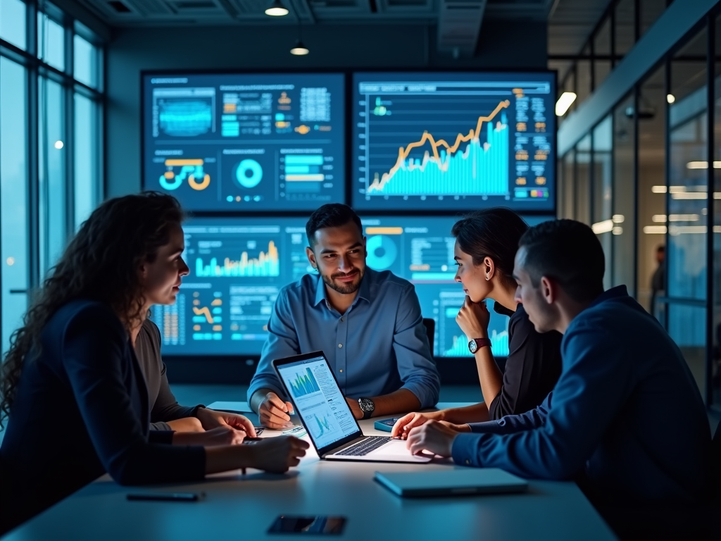 Team of professionals analyzing data on screens in a modern office at night.