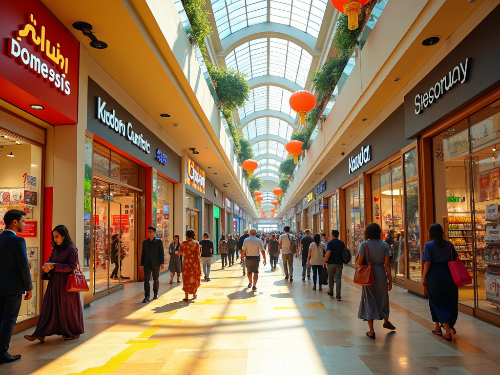 Brightly-lit mall interior with people shopping, stores on either side, and decorative lanterns hanging above.