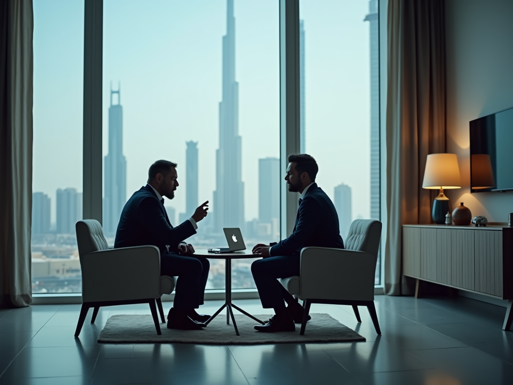 Two businessmen having a discussion in a modern office overlooking a city skyline.