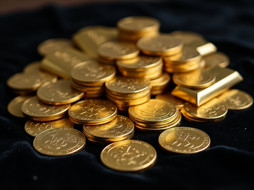 Pile of gold coins and bars on a dark velvet surface with soft focus background.