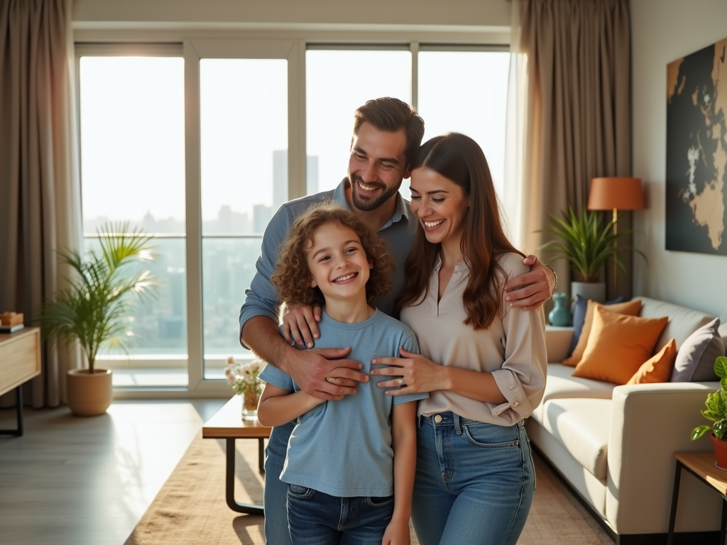 Happy family with a young child smiling together in a sunny, modern living room.