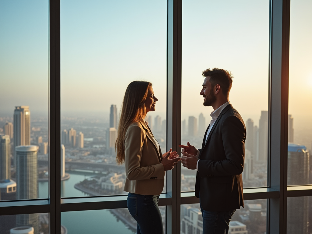 Two professionals talking in a high-rise office at sunset, overlooking a city skyline.