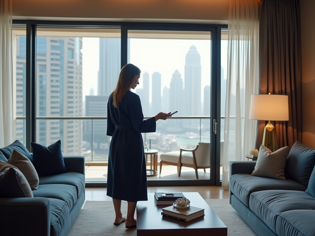 Woman in a blue robe using a smartphone by large window overlooking city skyline in a modern apartment.