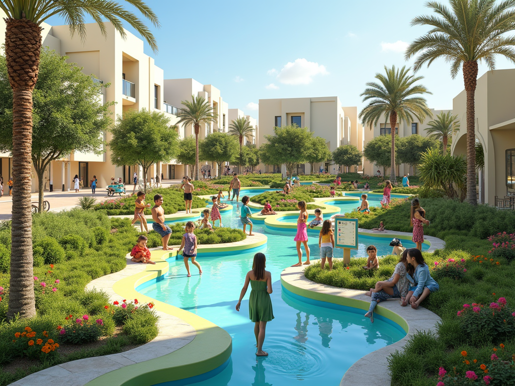 Sunny community space with children playing and families relaxing around a winding water feature, flanked by palm trees and modern buildings.