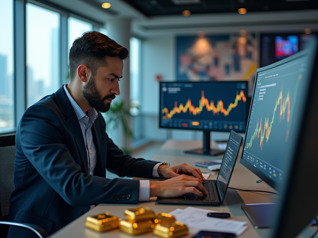 Man in suit analyzing financial data on multiple screens in a high-rise office.