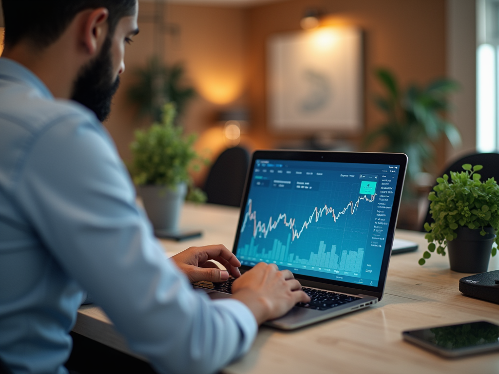 Man analyzing financial stock market data on laptop in a well-lit home office.