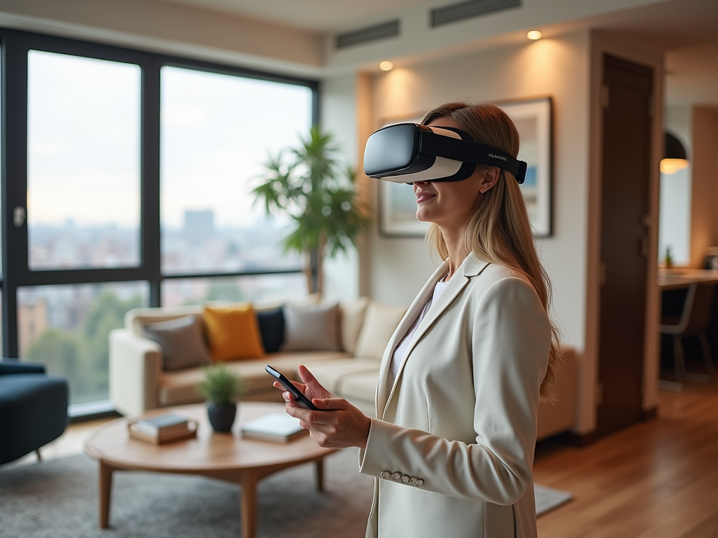 Woman in a suit using VR headset in a modern living room, holding a smartphone.