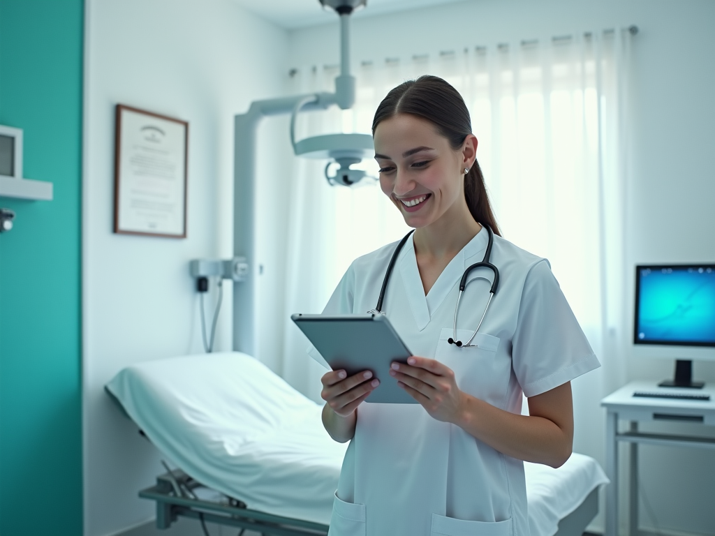 Female nurse in white uniform smiling while looking at a tablet in a modern hospital room.