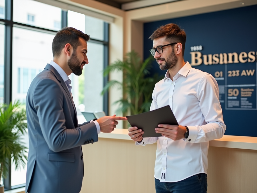 Two men in business attire discussing over a tablet in a modern office lobby.