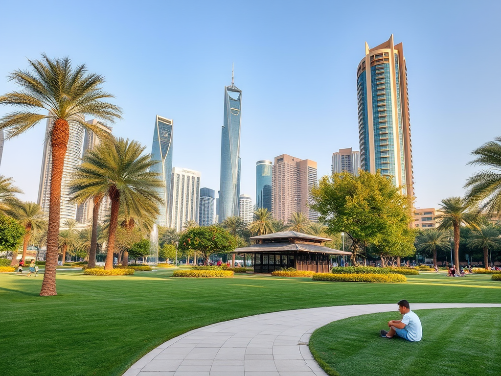 A peaceful park scene with palm trees and tall skyscrapers in the background, featuring a person sitting on the grass.